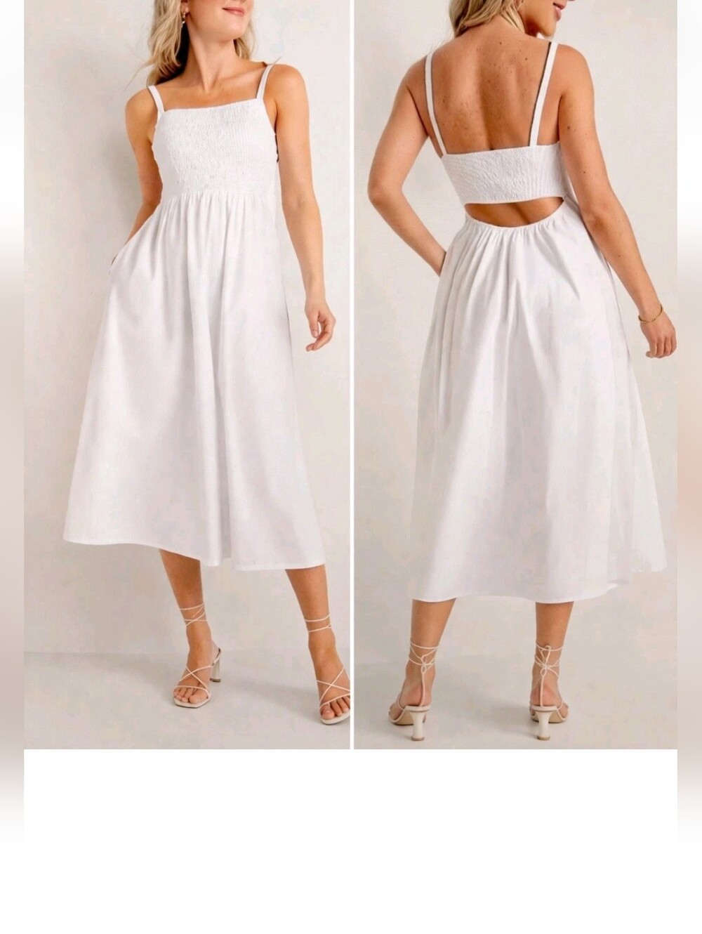 Old Navy White Smocked Open Back Midi Dress with Pockets Size Small